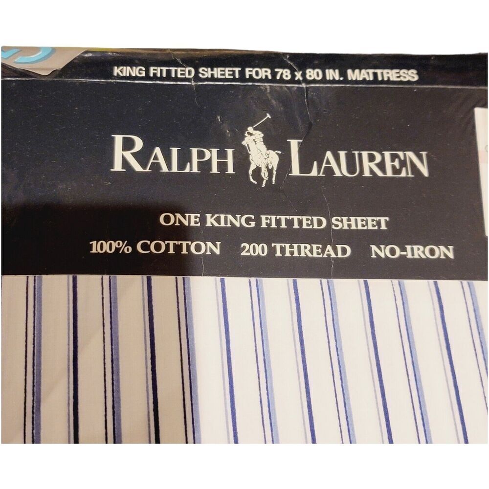 NOS Ralph Lauren Westland Multi Striped Blue & White T200 King Fitted Sheet - Picture 2 of 5